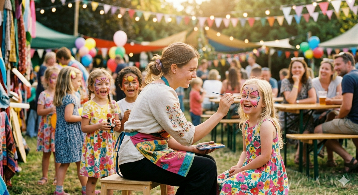 Mulher pintando borboleta no rosto da rapariga ao ar livre
